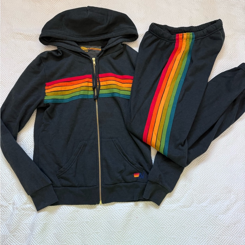 Aviator nation black serape rainbow 6 stripe hoodie small and sweats medium